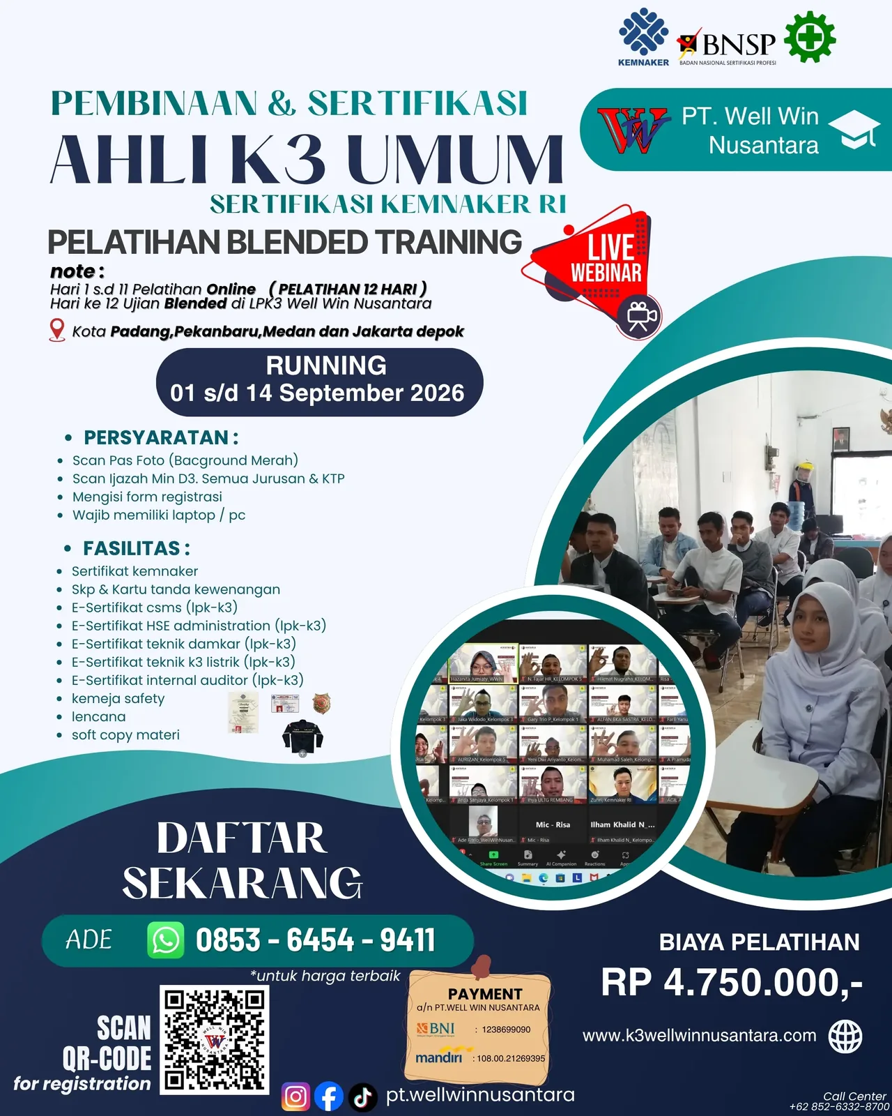 Pelatihan Ahli K3 Umum (AK3U) Sertifikasi Kemnaker RI - (Pelatihan BLENDED TRAINING) tanggal 01 s/d 14 September 2026